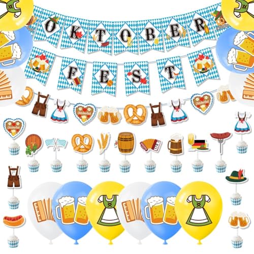 MTCDDCL 29 Stück Oktoberfest Party Dekoration, Oktoberfest Party Supplies, Oktoberfest Thema Party Ballon Bayerische Dekoration Set Für Kinder - Banner Cupcake Decorations Ballons von MTCDDCL