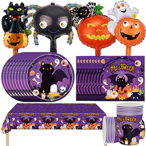 MTCDDCL 65 Pcs Halloween Deko Set, Halloween Kürbisse Luftballons, Halloween Geister Partygeschirr - Pappteller, Pappbecher, Servietten, Tischdecke Ballon Cartoon Party Dekoration von MTCDDCL