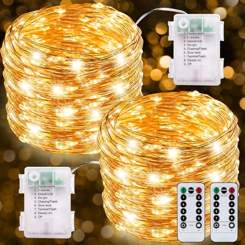 MTINRNI 2 Stück led Lichterkette Batteriebetrieben,12M 120 LED 8 Modi,Kupferdraht mit Fernbedienung Timer,IP67 Wasserdicht,für Party Weihnachten Halloween Hochzeit Deko, Warmweiß von MTINRNI