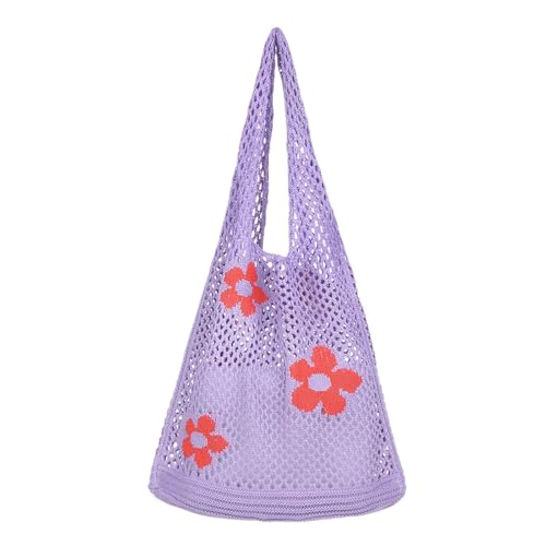 MTKSFDC Häkeltasche Damen Schultertasche aus hohlem Webstoff, gehäkelte Hobo-Tasche, Strick-Handtasche, modische Damen-Tragetasche mit großem Fassungsvermögen, Einkaufstasche(Purple) von MTKSFDC