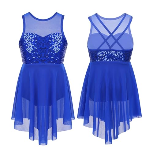 MTKSFDC Lyrisch Rock Mädchen-Ballettkleid mit glänzenden Pailletten, ärmellos, Netzstoff, Tüll, lyrischer Tanz, moderner, zeitgenössischer Body, Trikotkleid, Kostüm(A-Royal Blue,10) von MTKSFDC