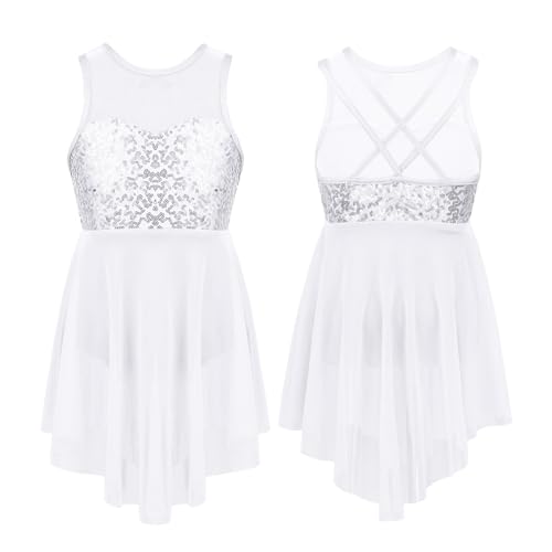 MTKSFDC Lyrisch Rock Mädchen-Ballettkleid mit glänzenden Pailletten, ärmellos, Netzstoff, Tüll, lyrischer Tanz, moderner, zeitgenössischer Body, Trikotkleid, Kostüm(A-White,10) von MTKSFDC