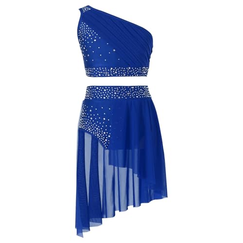 Mädchen Lyrisch Tanzkleid Elegantes lyrisches Ballett-Tanz-Trikot for Mädchen, Performance-Kostüm, bauchfreies Top mit glänzendem Strassstein-Overlay und transparentem Netzstoff und Slip mit Rock(Blue von MTKSFDC