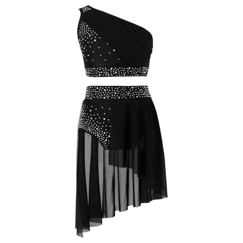 Mädchen Lyrisch Tanzkleid Elegantes lyrisches Ballett-Tanz-Trikot for Mädchen, Performance-Kostüm, bauchfreies Top mit glänzendem Strassstein-Overlay und transparentem Netzstoff und Slip mit Rock(Blac von MTKSFDC