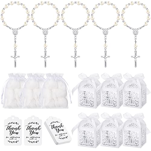 MTLEE 100-teiliges Taufgeschenk-Set enthält 25 Mini-Rosenkranz-Taufgeschenke, 25 Taufgeschenkboxen, 25 weiße Organza-Beutel mit Kordelzug, 25 Dankeschilder für Babyparty, christliche Geschenke von MTLEE