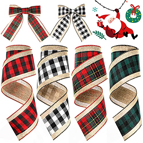 4 Rollen 22 Yard Weihnachtsband mit Draht, weißes Gingham-Band, kariertes Schleifenband, rot grün, kariert, Büffelkariert, Stoffband, Geschenkband, Bastelband für Heimwerker, Dekoration, 6.3 cm von MTLEE