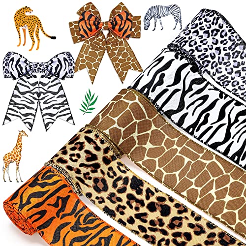 5 Rollen Dschungeltier Drahtbänder 6,3 cm Partydekorationen Safari Tier Jute Wickelband zum Basteln Leopard Zebra Gepard Blätter bedrucktes Band für DIY Handwerk Wild One Party (Leopardenstil) von MTLEE