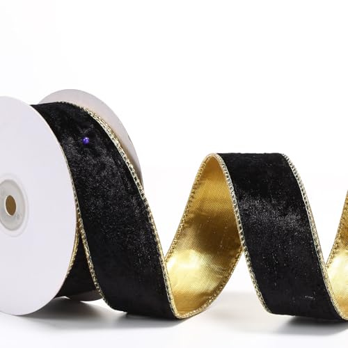 MTLEE Weihnachts-Samtband mit Eisen, Draht, 9,1 m, weiches Samtband, Stoff, Goldband zum Basteln, Urlaubsband mit metallischer Goldrückseite, für Hochzeitsdekoration (Schwarzgold, 3,8 cm) von MTLEE