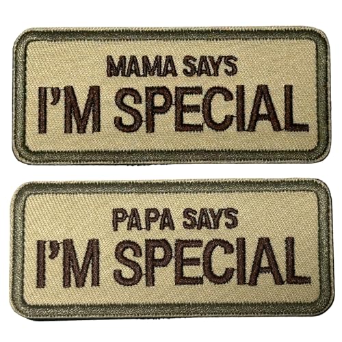 2 x khakifarbene Aufnäher mit Aufschrift "Mama/Papa Says I'm Special", taktische Militär-Patches, moralisch, lustig, bestickt, Klettverschluss, für Kleidung, Jacken, Jeans, Rucksack, Hut, Westen von MUBAL