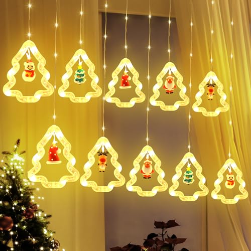 MUCOOS Lichterkettenvorhang Fenster Weihnachtsdeko innen, 120 LEDs Weihnachtsbaum Lichtervorhang mit Weihnachtsschmuck, Weihnachtsbeleuchtung Fenster Lichterkette Innen 3m 8 Modi USB Warmweiß von MUCOOS