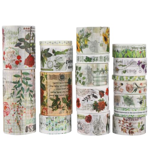 Vintage Retro Washi Tape Set,18 Rollen bunte Klebebänder im Retro-Stil für Scrapbooking, Bullet Journaling, Dekoration und mehr,2m pro Rolle für DIY-Projekte und Geschenk,Lied von Blumen und Blättern von MUCOOS