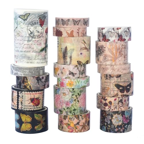 Blumen und Schmetterlinge Washi Tape Set,2m pro Rolle,Bronzieren, 18 Rollen in einer Box,Klebeband für Fotoalben, Sticker für Kinder, DIY Tape für Scrapbook und Journal,Washitape Organizer Stickerset von MUCOOS