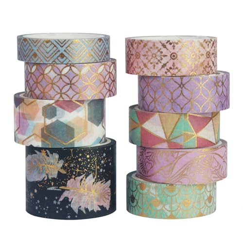 9 Rollen Washi Tape Set, 2m pro Rolle, Heißprägung Geometrische Formen,Washi Tape Zubehör,Dekoratives Klebeband in verschiedenen Farben und Designs,Perfekt für DIY Journaling, Basteln und mehr von MUCOOS