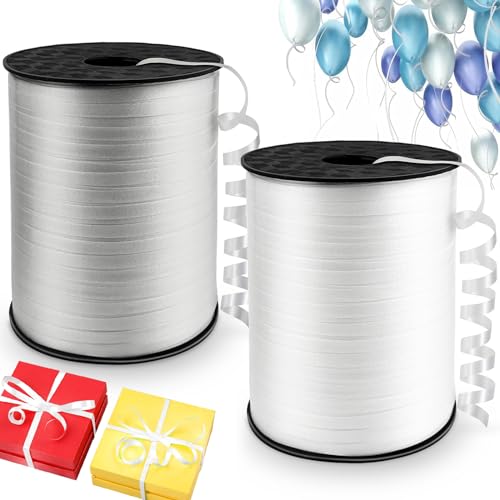 MUETERN 2 Stk Geschenkband, 5mm*500 Yard Weiß Silber Curling Ribbon, Ringelband Ballonband für Ballonverschlüsse Geschenkverpackung, Basteln, Partydeko, Hochzeitsdeko von MUETERN