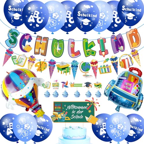 Einschulung Deko Junge, Deko Einschulung Junge Mädchen SCHULKIND Girlande, Zuckertüten Banner, 18 Luftballons mit ABC 123 Schulkind Motiv, Tortendeko, 2 Folienballon Schulanfang Deko (Blau) von MUEZDUR