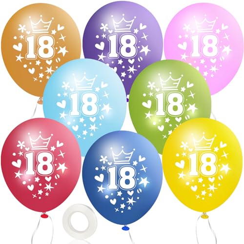 MUEZDUR 12 kunterbunte Luftballons 18. Geburtstag 30cm Luftballon Deko mit 1 Rollen Weiß Band, 18. Deko Geburtstag Kindergeburtstag und Mädchen Junge Jubiläum 18. Jahre Ballon Zahl 18 von MUEZDUR