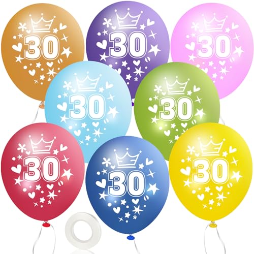 MUEZDUR 12 kunterbunte Luftballons 30. Geburtstag 30cm Luftballon Deko mit 1 Rollen Weiß Band, 30. Deko Geburtstag Frauen Männer Jubiläum 30. Jahre Ballon Zahl 30 Party von MUEZDUR