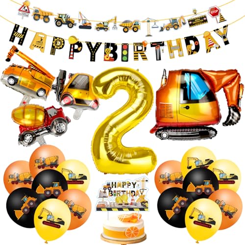 MUEZDUR Bagger Deko Kindergeburtstag 2, Geburtstagsdeko 2 Jahre Jungen, Baustellen Geburtstagdeko Junge 2 Jahre Folienballon Luftballons Traktor Bagger Happy Birthday Banner für Junge Party Dekoration von MUEZDUR