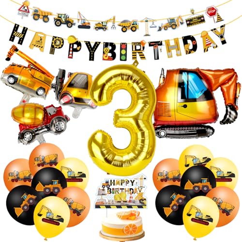 MUEZDUR XXL Bagger Deko Kindergeburtstag 3, Geburtstagsdeko 3 Jahre Jungen Baustellen Geburtstagdeko Junge 3 Jahre Folienballon Luftballons Traktor Bagger Happy Birthday Banner für Junge Party Deko von MUEZDUR