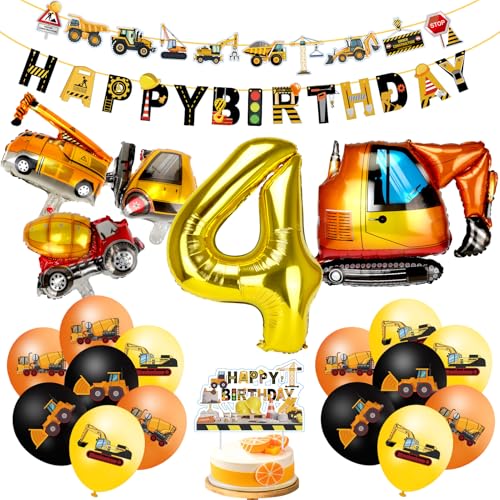 MUEZDUR Bagger Deko Kindergeburtstag 4, Geburtstagsdeko 4 Jahre Jungen Baustellen Geburtstagdeko Junge 4 Jahre Folienballon Luftballons Traktor Bagger Happy Birthday Banner für Junge Party Dekoration von MUEZDUR