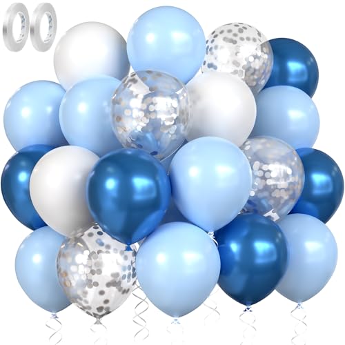 MUEZDUR Blaues Luftballon Metallic Chrom Blau Weiße Blaue Silber Konfetti luftballons hochzeit Set 60 Stück 30cm Helium Ballons mit 2 Rollen Band als Geburtstag Jubiläum Party Deko Graduierung von MUEZDUR