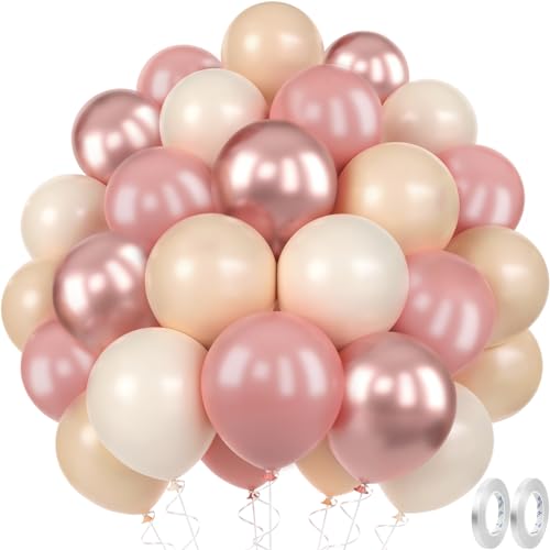 MUEZDUR Luftballons Aprikose Rosa Metallic Roségold SandWeiß, 60 Stück 12 Zoll Luftballons Retro Beige Rosa Set mit 2 Rollen Band Premium Ballons für Geburtstag Baby Shower Hochzeit Boho Party Deko von MUEZDUR