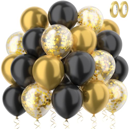 MUEZDUR Luftballons Gold Schwarz mit Gold Konfetti Ballons Luftballons hochzeit Set 60 Stück 30cm Helium Ballons mit 2 Rollen goldener Band als Baby Shower Geburtstag Jubiläum Party Deko Graduierung von MUEZDUR