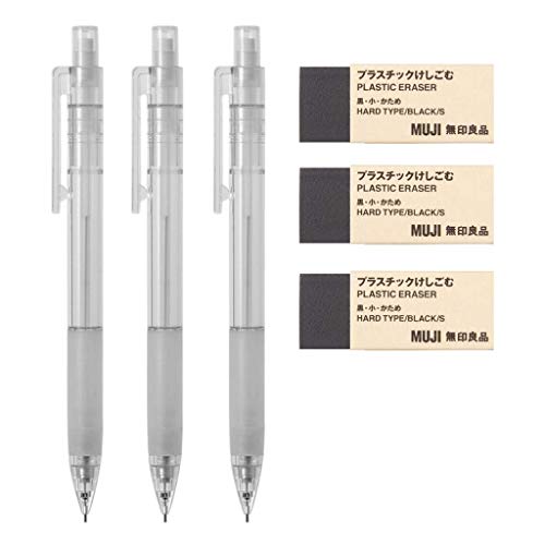 MUJI Druckbleistift aus Polycarbonat, mit Gummigriff, 3 Stück und Muji-Radiergummi [schwarz – klein], 3 Stück von MUJI