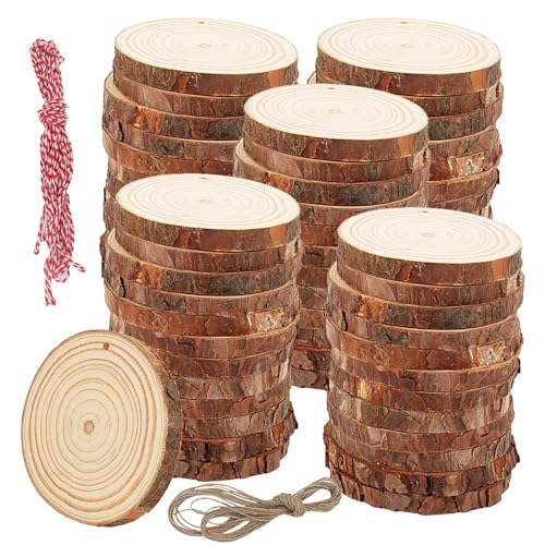 MUKCHAP 50 Stück Holzscheiben 9-10 cm mit Loch, Holzscheiben 10 mm Natürliche Unlackierte Holzscheiben mit Löchern und Seilen, Kreise zum Basteln von MUKCHAP