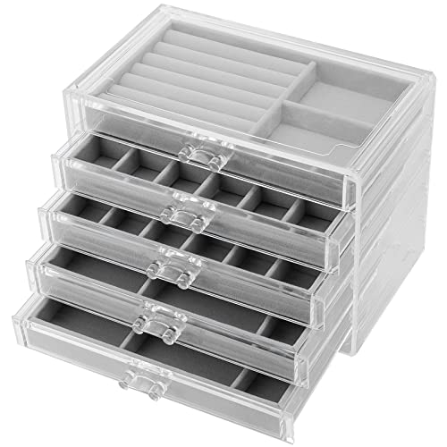 MUKLEI Klar Acryl Schmuckschatulle, Acryl Schmuck Organizer, Klar Acryl Ohrring Aufbewahrungsbox mit 5 Schubladen, Schmuckaufbewahrung Schubladen für Halskette, Ring, Ohrring, Grau von MUKLEI