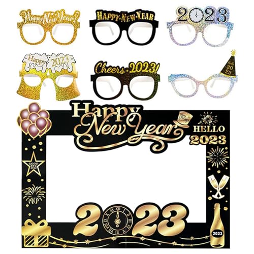 MULAIDI „Frohes Neues Jahr“ Brillen Silvester Brillen Papier Party Fotokabinen Requisiten Rahmen Set Feier Party Geschenk 2023 Neujahrsbrillen Fotokabinen Rahmen Requisiten Dekorationen Großpackung von MULAIDI