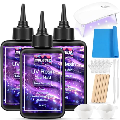 MULEVIP UV Resin Set mit UV Lampe,UV Harz,Resin UV 300g Kristallklares UV Harz Set,UV Harz Klar für Schmuck,Basteldekoration,DIY Handwerk und Mischzubehör für die DIY Schmuckherstellung von MULEVIP