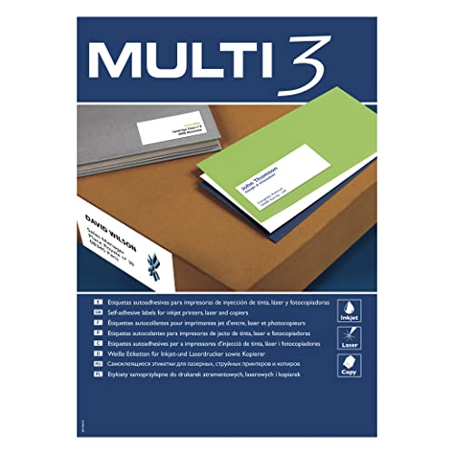 MULTI 3 12549 Klebeetiketten für Druck, Inkjet Laser und Kopierer, 210 x 99 mm, 100 Blatt von multi3