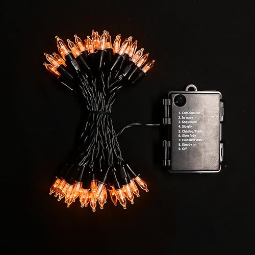 MULTI-SPARKING Batteriebetriebene Halloween-Lichter, 50 LEDs, Orange, Mini-Lichterkette, 9 Funktionen, schwarzer Draht, orange, Halloween-Baumlichter für Kranz, Basteln, Innen- und Außenbereich, von MULTI-SPARKING