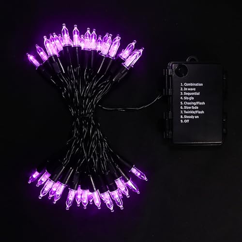 MULTI-SPARKING Batteriebetriebene Halloween-Lichter, 50 LEDs, violett, Mini-Lichterkette, 9 Funktionen, schwarzer Draht, lila, Halloween-Baumlichter für Kranz, Basteln, Innen- und Außenbereich, von MULTI-SPARKING