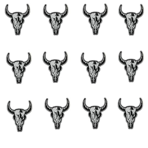 Aufnäher zum Aufbügeln, Motiv: Bullenschädel, Western-Cowboy, Stickerei, Applikation, Cartoon, Ochsenkopf, bestickt, für Kleidung, Rucksack, Tasche, T-Shirt, Hut, Westen, Jacken, 12 Stück (schwarz) Aufnäher zum Aufbügeln, Motiv: Bullenschädel, Western-Cowboy, Stickerei, Applikation, Cartoon, Ochsenkopf, bestickt, für Kleidung, Rucksack, Tasche, T-Shirt, Hut, Westen, Jacken, 12 Stück (schwarz) von MUMAYA