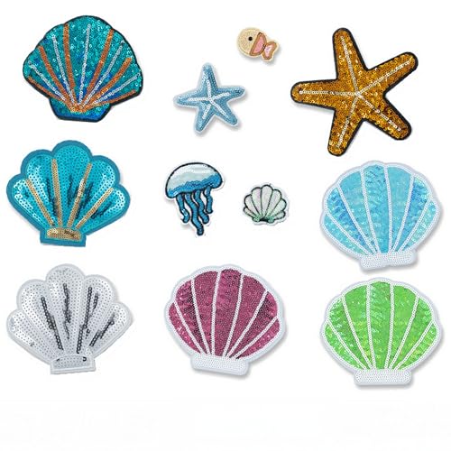 Pailletten-Patches mit Meeresmotiven, Muscheln, Seestern, Quallen, zum Aufbügeln, dekorative Marine-bestickte Aufnäher, Designs für DIY-Kleidung, Kinder, Kleid, Hut, Jeans, Dekoration, 11 Stück Pailletten-Patches mit Meeresmotiven, Muscheln, Seestern, Quallen, zum Aufbügeln, dekorative Marine-bestickte Aufnäher, Designs für DIY-Kleidung, Kinder, Kleid, Hut, Jeans, Dekoration, 11 Stück von MUMAYA