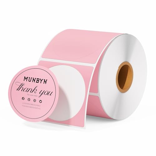 MUNBYN Runde Etiketten Selbstklebend 50x50mm Rolle-Versandetiketten 750 Etiketten Kreis Thermodirekt Etiketten für DIY-Logo-Design QR-Code Namensschild Adressetiketten Haushaltsetiketten Rosa von MUNBYN