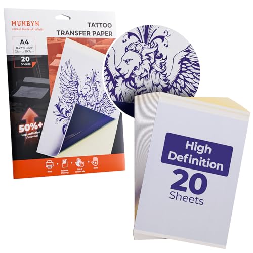 MUNBYN Premium-HD 20 Blatt Tattoo Transferpapier, A4 Stencil Papier, Tattoo Papier für Tattoo Drucker, Tattoo Zubehör für Stencil Drucker MUNBYN Premium-HD 20 Blatt Tattoo Transferpapier, A4 Stencil Papier, Tattoo Papier für Tattoo Drucker, Tattoo Zubehör für Stencil Drucker von MUNBYN
