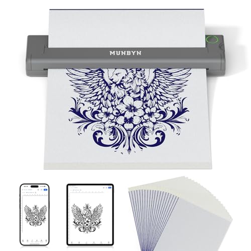 MUNBYN Tattoo Drucker Bluetooth Stencil Drucker Tattoo Printer für Haut Tattoodrucker mit 10 Blatt A4 Tattoo Transferpapier Thermodrucker Tattoo, Kompatibel mit Android iOS Mac, ITP05, Grau von MUNBYN