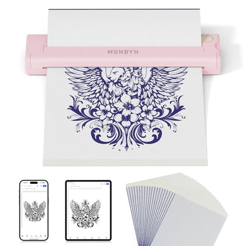 MUNBYN Tattoo Drucker Bluetooth Stencil Drucker Tattoo Printer für Haut Tattoodrucker mit 10 Blatt A4 Tattoo Transferpapier Thermodrucker Tattoo, Kompatibel mit Android iOS Mac, ITP05, Rosa von MUNBYN