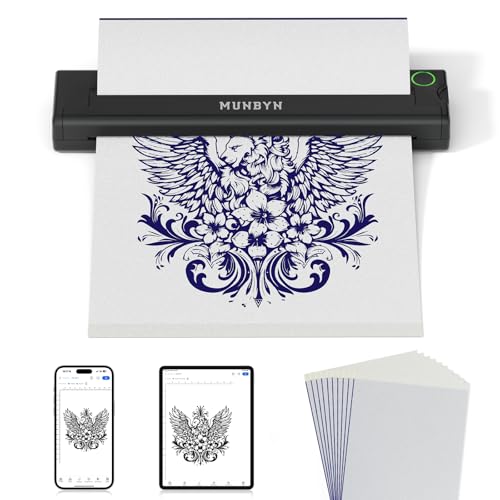MUNBYN Tattoo Drucker Bluetooth Stencil Drucker Tattoo Printer für haut Tattoodrucker mit 10 Blatt A4 Tattoo Transferpapier Thermodrucker Tattoo für Anfänger, Kompatibel mit Android iOS Mac von MUNBYN
