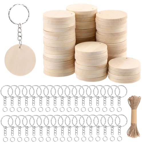 MUNGHOK 200 Stück 3,5cm Mini Schlüsselanhänger Holz, Holzscheiben Set mit 100 Holz Schlüsselanhänger Basteln, 100 Schlüsselringe und 10m Juteschnur, Schlüsselanhänger Selber Machen von MUNGHOK