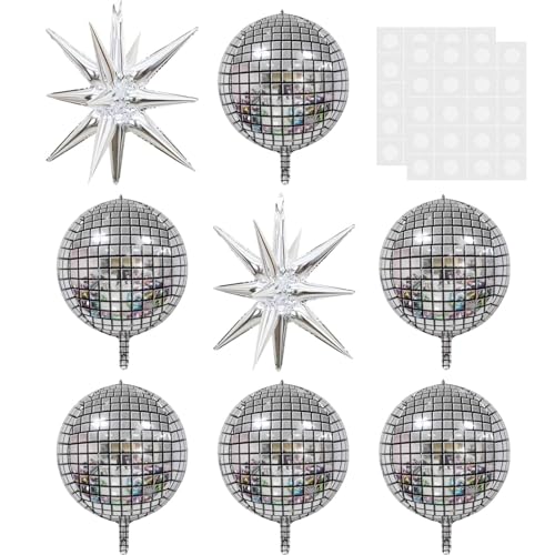 MUNSKT 8-teiliges Disco-Folienballon-Set, 55,9 cm, groß, silberfarben, 4D-Mylar-Spiegelkugel und Starburst-Aluminiumballon mit Klebepunkten, metallische Dekorationen für Geburtstag, 70er, 80er, von MUNSKT