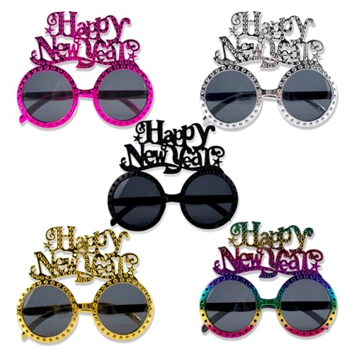 MUNSKT Happy New Year Brille, 5 Stück 2025 Silvester Brille, Neuheit Party Gläser, Foto Stand Requisiten, Silvester Party Zubehör von MUNSKT