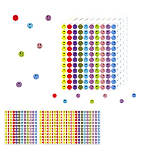 Smiley Aufkleber, 20 Seiten 2400 Blatt Belohnungssticker, 10 mm Rund Punkte Aufkleber, 12 Farbige Smiley-Aufkleber für Schule, Zuhause, Büro von MUNTEA