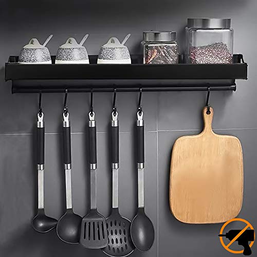 MUOIVG Küchenhalterung ohne Bohren mit 6 Haken, Küchenregal Wand für Gewürze, Hakenleiste Küchenhelfer Hängeleiste, Aluminium Gewürzregal,Matte Finish,für Küche und Bad von MUOIVG