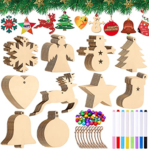 MUOIVG Weihnachtsdeko Holz Weihnachten 100 Stücke Weihnachtsanhänger Tannenschmuck DIY Weihnachtsdekoration Holz Scrapbooking Holz Scheiben Weihnachtsbaum mit Glöckchen und Juteseil zum selbst bemalen von MUOIVG