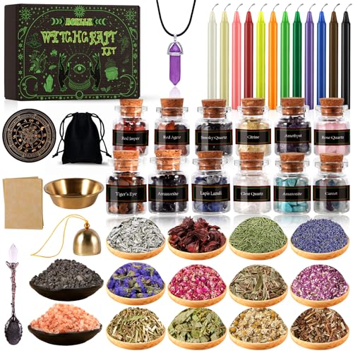 MUOIVG XL Starter Witch Kit Witchcraft Kit, Kerzen Kleine,Trockenblumen,Kristallen,Messlöffel,Pergamentpapier,Getrommelte Edelstein-Kristallchips für Chimes,Magie,Hexerei,wünsch dir was,Rituale von MUOIVG