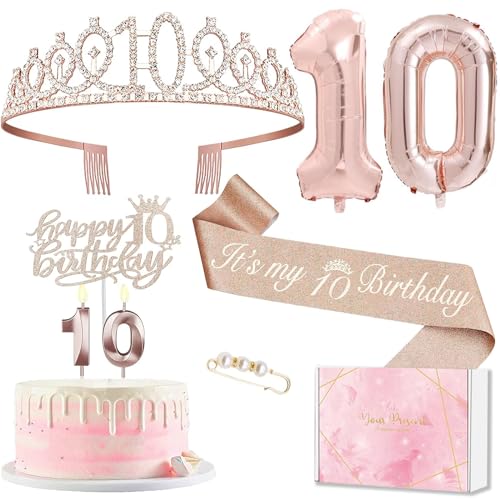 10 Geburtstag Mädchen Deko, 10. Geburtstagskrone und Schärpe, Tortendeko Geburtstag und Kerzen, Roségold Folienballon 10, 10. Geschenk für Mädchen zum Geburtstag Party Deko Supplies von MURISE